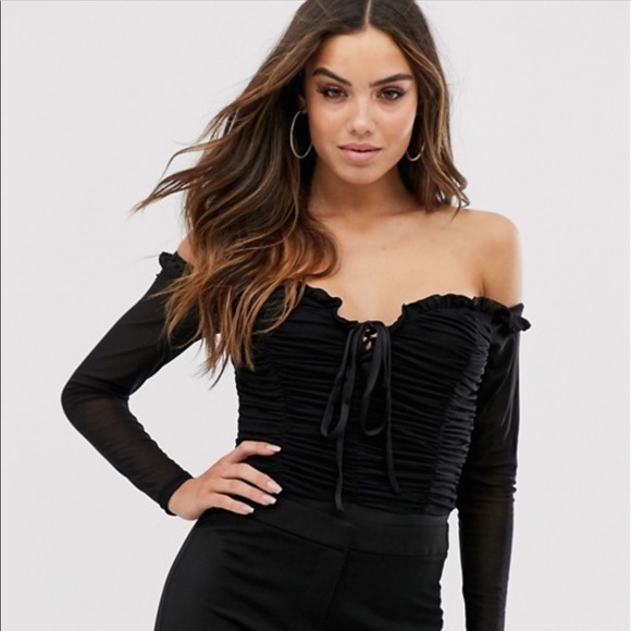 Club L London ruched off shoulder body in black - Picture 1 of 4